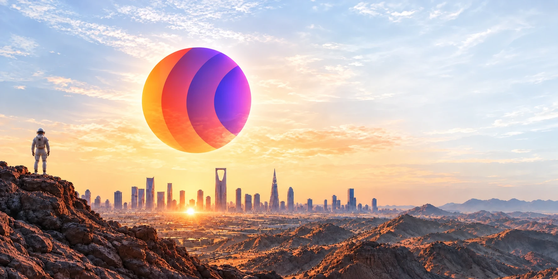 مؤسس يمثله رائد فضاء يتأمل أفق الرياض تحت شعار CyberME الدائري المتكامل