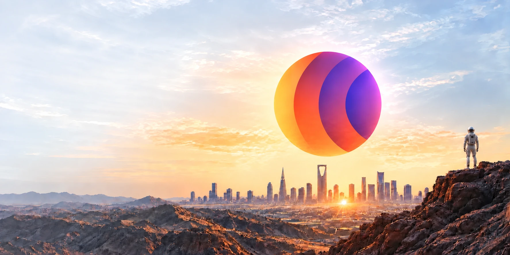 A founder represented as an astronaut overlooking the Riyadh skyline beneath the unified circular CyberME emblem